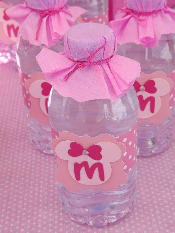 Garrafas com rótulo e chapeuzinho Minnie rosa Garrafas com rótulo e chapeuzinho Minnie rosa