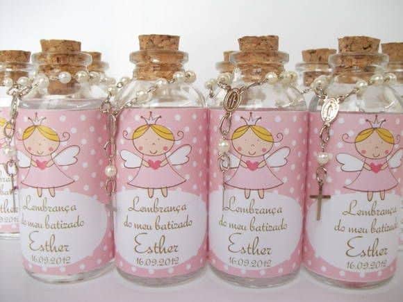 Lembranças de batizado com rótulo rosa adesivos para lembrancinhas