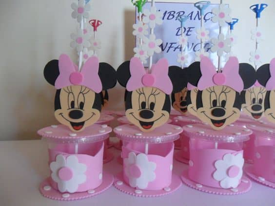 Potes decorados com EVA da Minnie rosa lembrancinhas da minnie