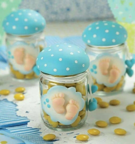 potinho de lembrancinha decorado em biscuit para chá de bebê